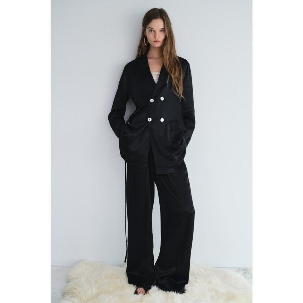 Zara Womens Satin Effect Pants L Large Black Wide Leg Trouser 8198/213 NWT
